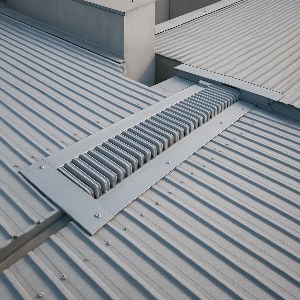 Roof-to-roof expansion joint connecting two sections of a building's roof.